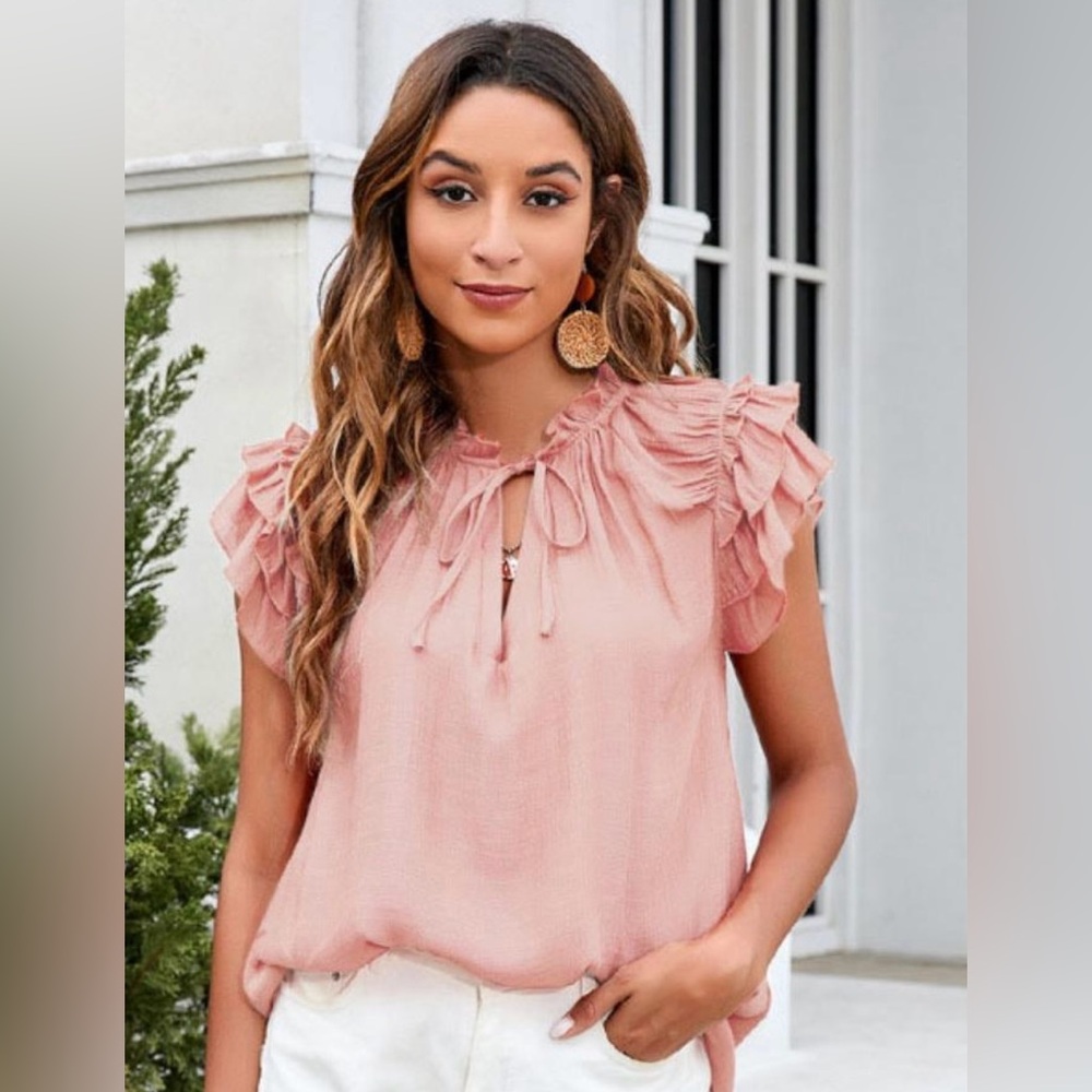 LC Lauren Conrad Pink Flutter Sleeve Blouse with Ruffled Tie Front
